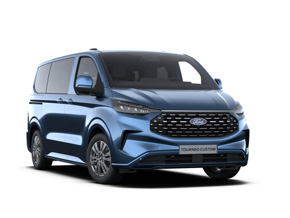 Ford Tourneo Custom Van in blauer Farbgebung, moderner Stil und geräumiges Design, ideal für Familienfahrten.